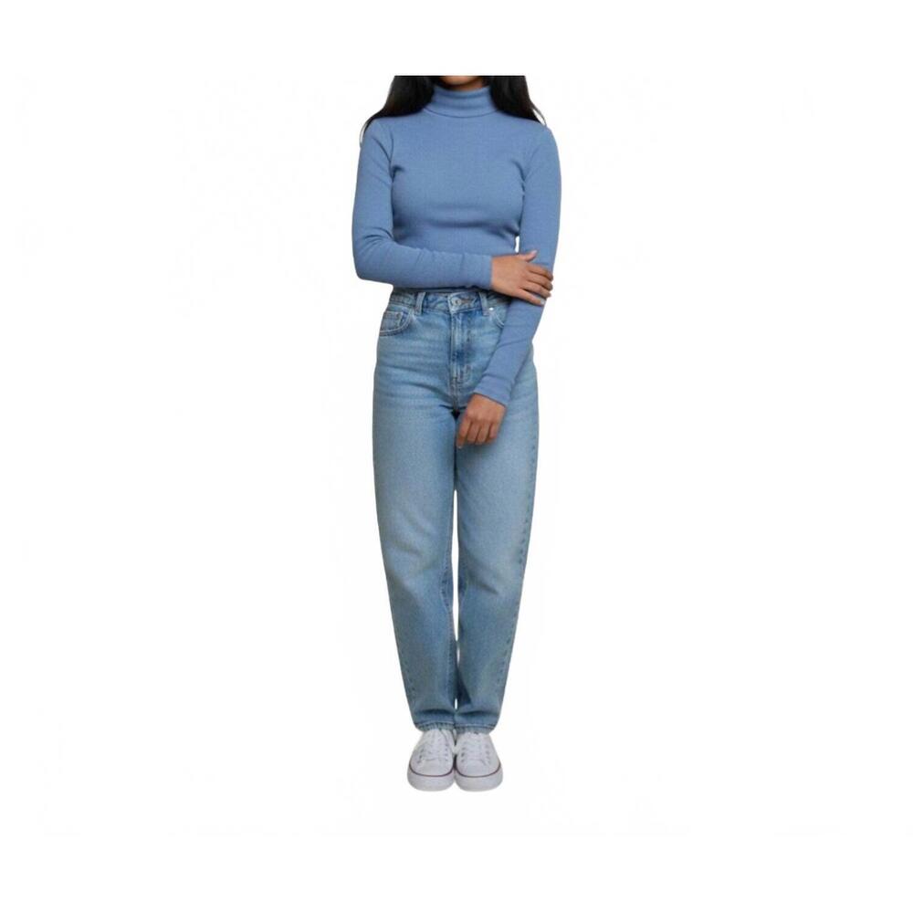 NEW AMBAR mock neck long sleeve cotton rib top in blue